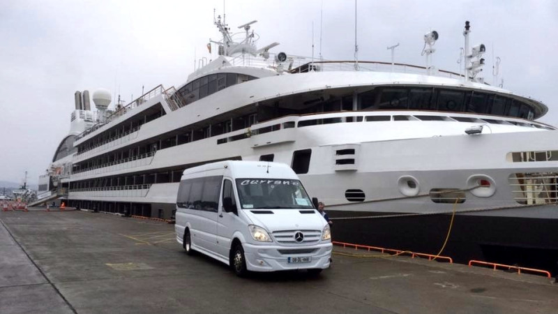 Curran Coaches minibus at cruise ship in Killybegs Harbour , Donegal Coach Hire, Ireland