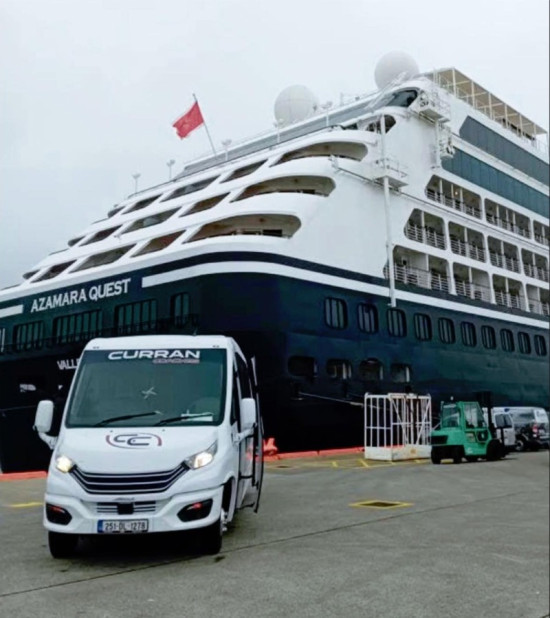 MS Albatross Cruise ship in Killybegs Harbour greeted by Curran Coaches Tour Buses, County Donegal, Ireland MS Albatross Cruise ship in Killybegs Harbour greeted by Curran Coaches Tour Buses, County Donegal, Ireland
